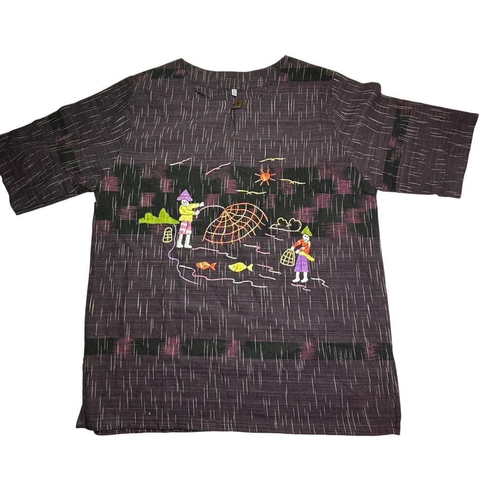 Vintage Fishing Shirt Medium Purple Thailand Folk Artisanal Embroidered Handmade